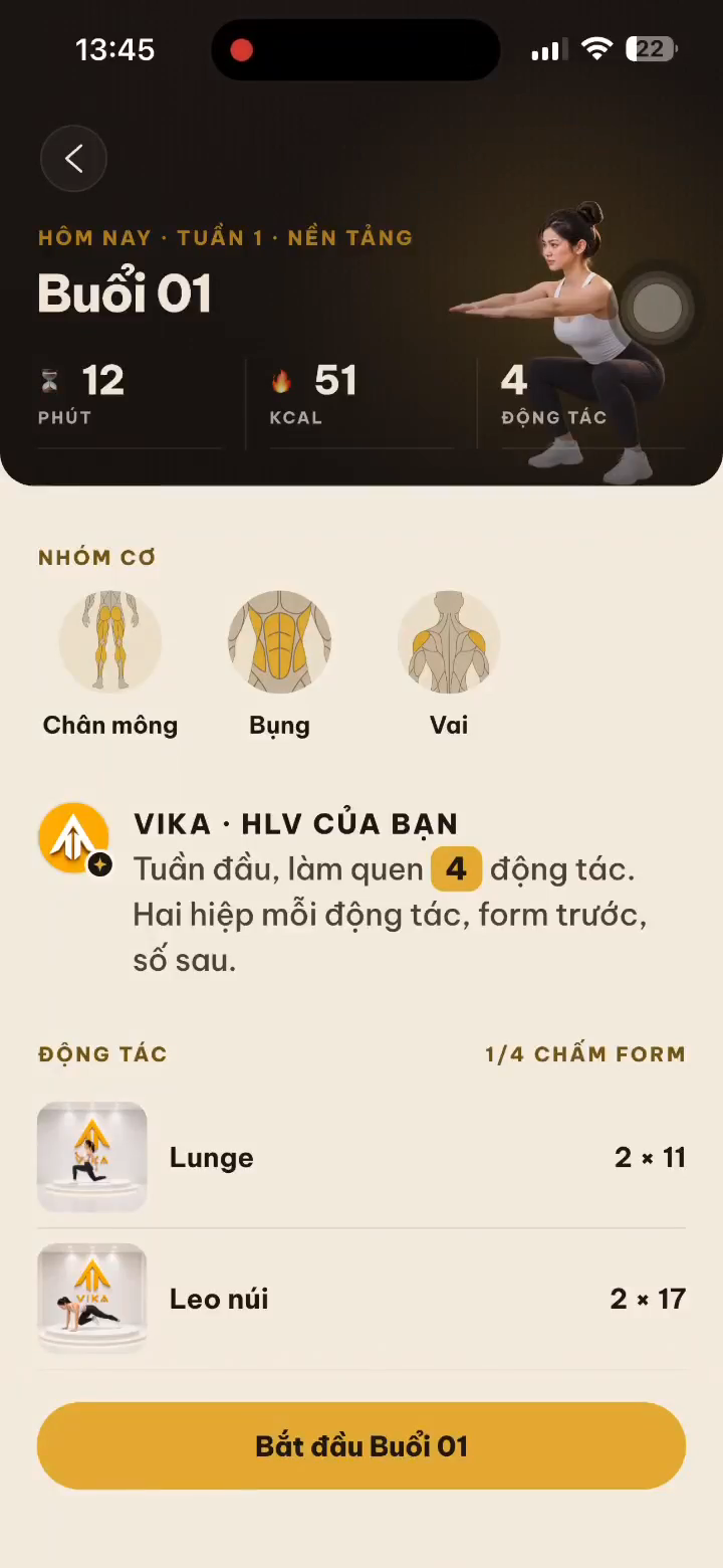 Màn hình Buổi 01 trong ứng dụng Vika với nhóm cơ và các động tác